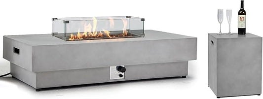60Inch Outdoor Propane Fire Pit Table with Tank Cover Wind Guard, 3-Piece Large Concrete Fire Table Rectangular 50,000 BTU Stainless Steel Burner Gas Fire pits for Outside Patio, Backyard