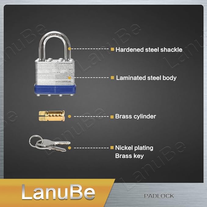 LanuBe Lock Laminated keyed Padlock (1-9/16", 40mm), keyed Alike Locks, Normal Shackle,Marked Blue Plastic Hoop, Pack of 6
