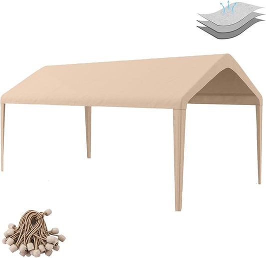 Carport Replacement Canopy Cover 10'x20' for Tent Top Garage Shelter Cover with Ball Bungees, 800D Oxford Replacement Cover Waterproof & UV Protection, Not Included Frame (Light Brown)
