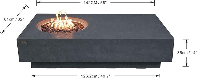 Elementi Metropolis Gas Fire Pit Cast Concrete Fire Table, Outdoor Fire Pit Electronic Ignition | Canvas Cover, Lava Rock Included | Free AMS Wind Guard | Dark Gray (Propane Gas)