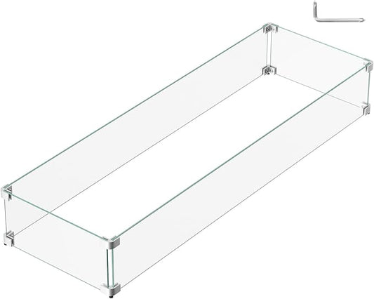 41.5 x 13.5 x 6 Inch Glass Wind Guard for Propane Gas Fire Pit Table, Rectangular Thick Tempered Glass Shield, Firepit Glass Barrier with Aluminum Corner Bracket & Rubber Feet