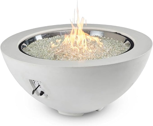 Outdoor GreatRoom Co Propane Fire Pit Table - Cove Gas Fire Pits for Outside Patio - 42 Inch Round Edge Bowl Concrete Firepit Fire Table, Glass Tabletop Cover, Clear Glass Gems, 105,000 BTU - White