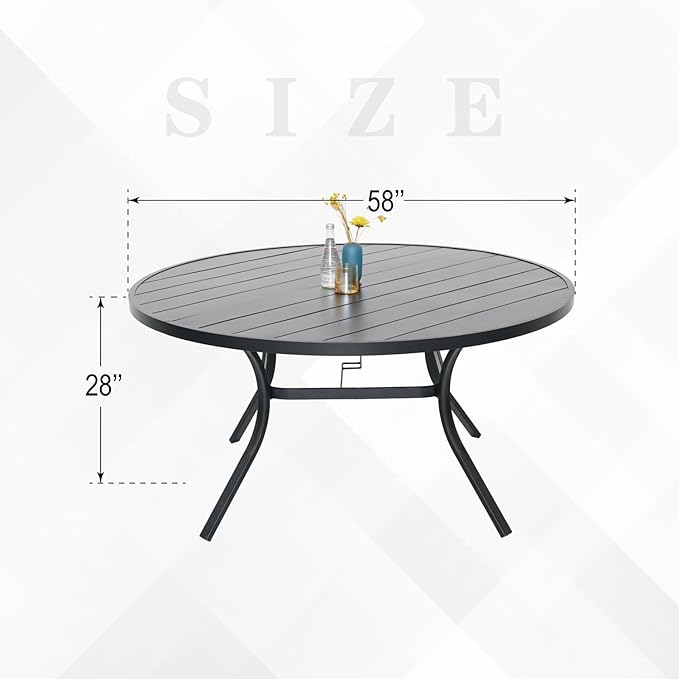 Outdoor Patio Round Dining Table, 58"x 58" Metal Slatted Round Tabletop with Adjustable Umbrella Hole for Deck Lawn Garden Backyard Balcony Deck, Black