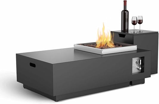 2-Piece 48" Outdoor Propane Fire Pit Table Set W 16" Tank Cover Side Table, 50,000 BTU Rectangle Fire Pit Coffee Table, Lava Rocks, Wind Guard, Rain Cover for Patio, Backyard, Garden, Deck