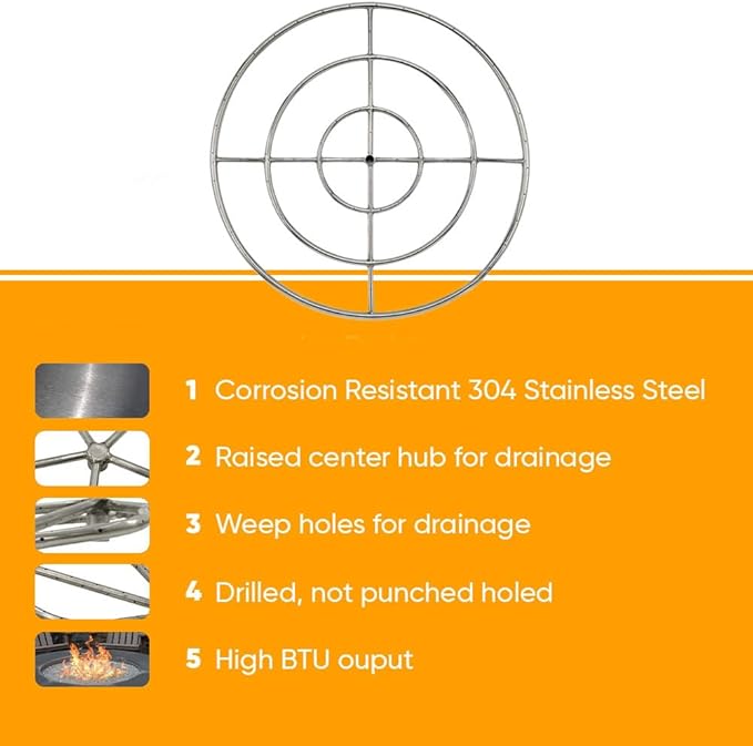 AFG Match Lit Fire Pit Burner Kit (SS-FR-24KIT-PAN-LP-MSCB), Round, 24-Inch Burner, 30-Inch Flat Pan, Propane, Polished Chrome, with Flange, Key, Valve, Flex Line and Fittings