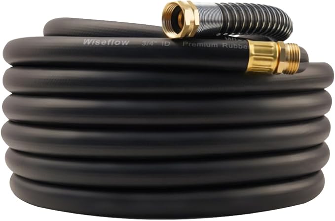 WiseFlow Garden Hose 50FT x 3/4", Heavy Duty Rubber Hose, Water Hose with Five Layered Braiding, Male Female Fittings, 1000PSI Burst, 300PSI Working (Black)