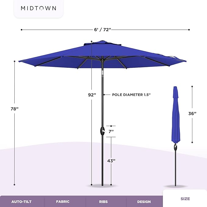 Midtown Umbrellas The Lean 6 Feet Outdoor Umbrella With Terylast Midnight (Royal Blue) Polyester Fabric - 8 Ribs Aluminum Frame Patio Umbrella With Zinc Alloy Crank Lift And Auto-Tilt System