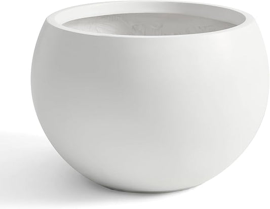 Fiberstone Sphere Planter, 19.3" Dia x 13" H Large Flower Pot with Drainage Hole and Silicone Plug, Round Plant Container for Indoor or Outdoor, 15" Opening, Large White