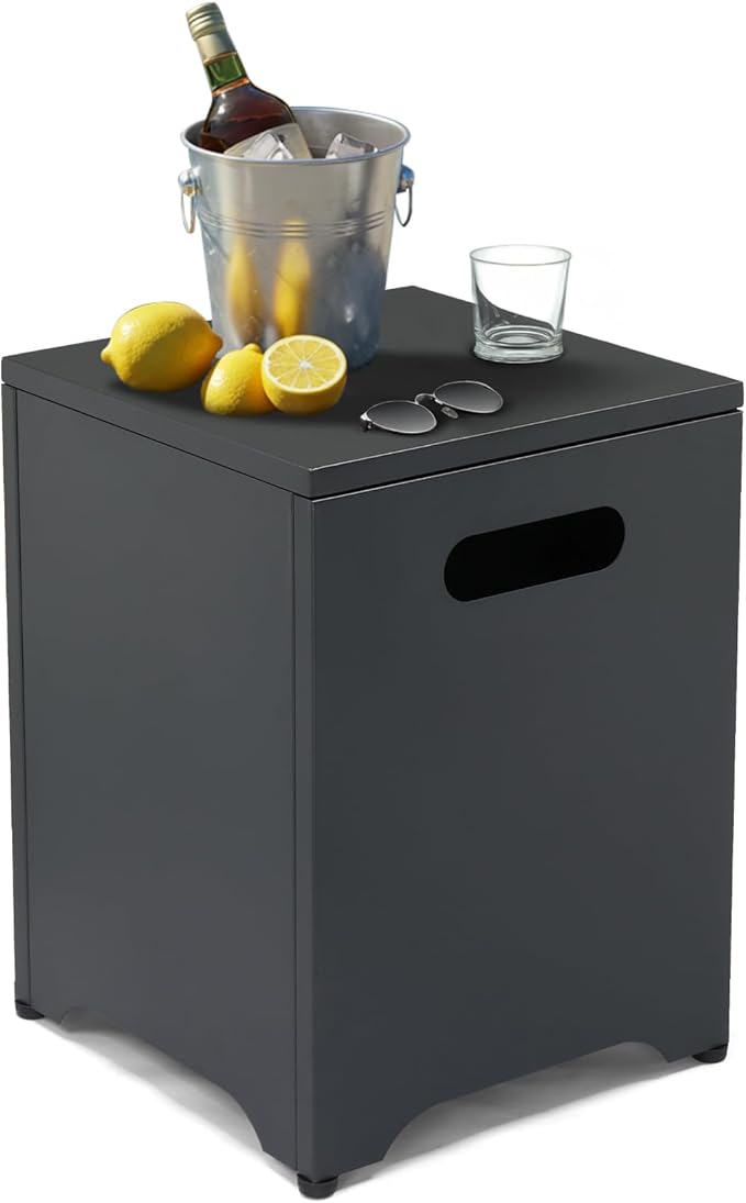 Outvita Outdoor Propane Tank Cover Table, 16in Propane Tank Storage Box with Carry Handle, Powder-Coated Steel, Multi - Use as Side Table for Patio, Garden & Living Room, 16 * 16 * 21inch, Black