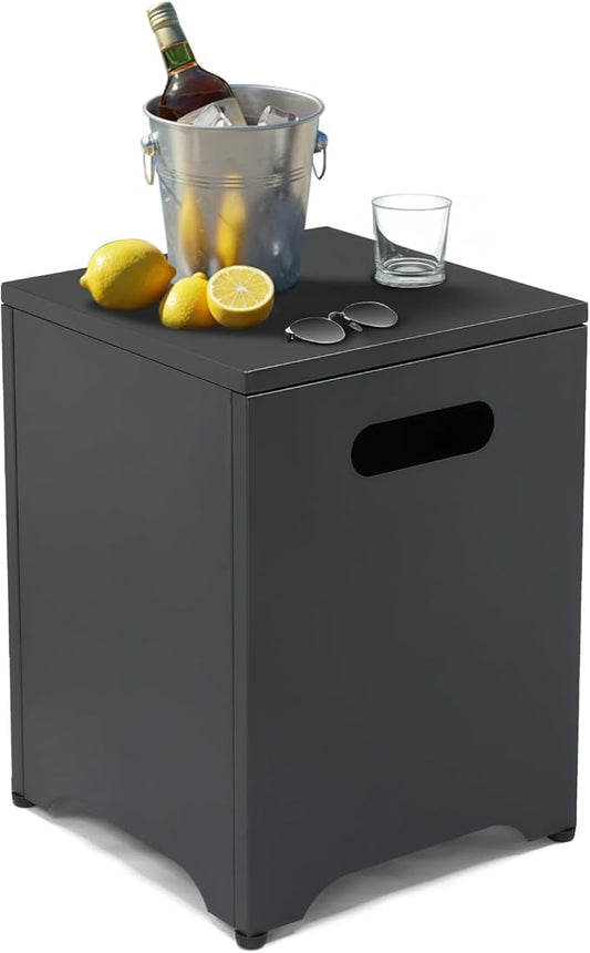 Outvita Outdoor Propane Tank Cover Table, 16in Propane Tank Storage Box with Carry Handle, Powder-Coated Steel, Multi - Use as Side Table for Patio, Garden & Living Room, 16 * 16 * 21inch, Black
