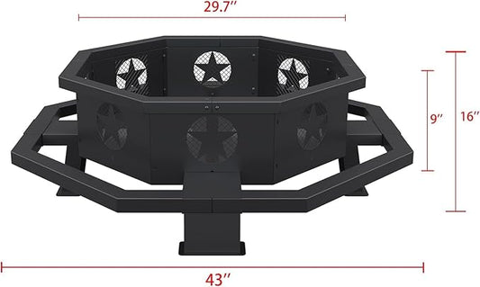 43 Inch Fire Pit for Outside Wood Burning, Outdoor Octagonal Fire Pit with Poker, Large Firepit for Camping, Backyard, Patio, Black