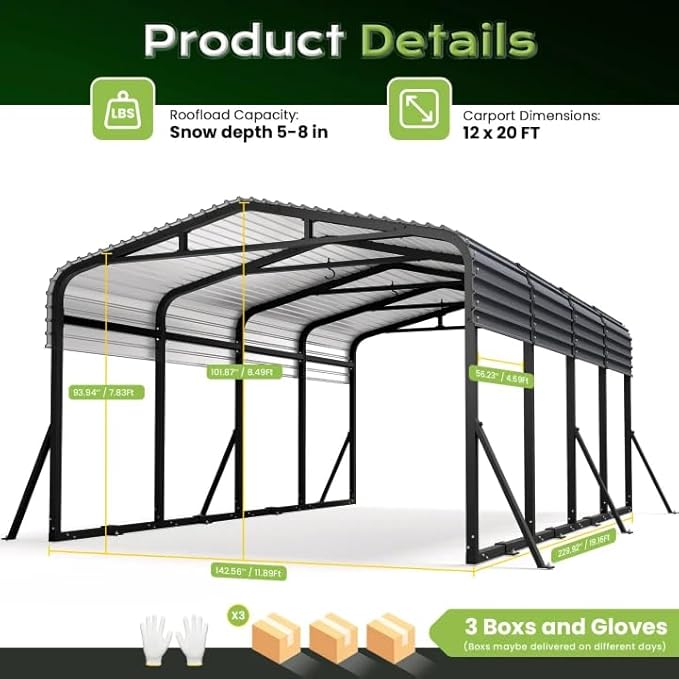 Heavy Duty Metal Carport Canopy, 12x20 FT Outdoor Car Port with Waterpoorf Metal Roof& Side Support Rods, Multi-Use Shelter Outdoor Garage for Car, Boats and Truck