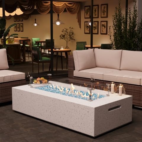 2-Piece Outdoor Propane Fire Pit Table Set – Premium Terrazzo-Like MgO Finish, 56-Inch Gas Fire Table with Glass Wind Guard for Patio, Garden & Backyard, Includes Rain Cover & Glass Beads