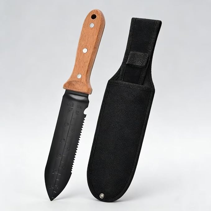 Hori Hori Garden Knife -Stainless Steel Blade with Oxford Sheath, Multi-Purpose Gardening Tool for Weeding, Digging, Planting, Cutting, Ergonomic Wooden Handle with Hanging Hole Gardening Hand Tools