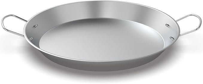 Stainless Steel Paella Pan with Handles, 18.5in Round Grill Griddle for TIKI Solo Stove Cuisinart Fire Pit Kamado Charcoal Grill Weber Kettle and More, Oven and Induction Safe for Indoor & Outdoor Use