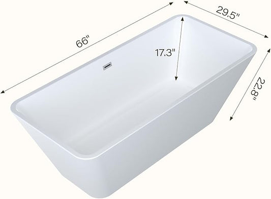 67" Free Standing Tub, Acrylic Soaking Bathtub, Stand Alone Freestanding Tub with Matte Sliver Drain and Overflow, Contemporary Bathtub for Bathroom, Elegant White