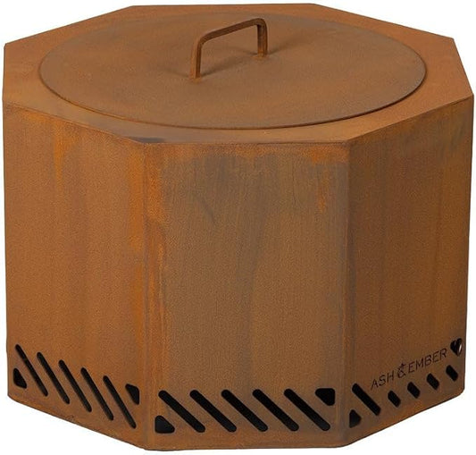Ash & Ember 24" Corten Steel Dual Flame Smokeless Fire Pit with Lid, Ultra-Efficient Enclosed Airflow Design, Backyard Smokeless Outdoor Fire Pit, Will Patina Overtime