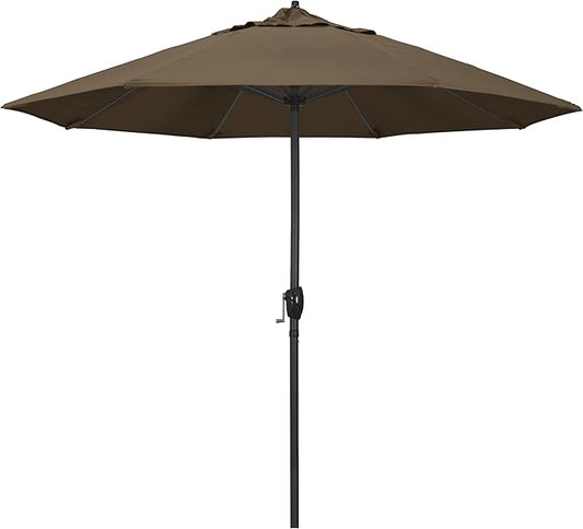 California Umbrella 9' Rd Aluminum Patio Umbrella, Crank Lift, Auto Tilt, Black Finish, Sunbrella Cocoa