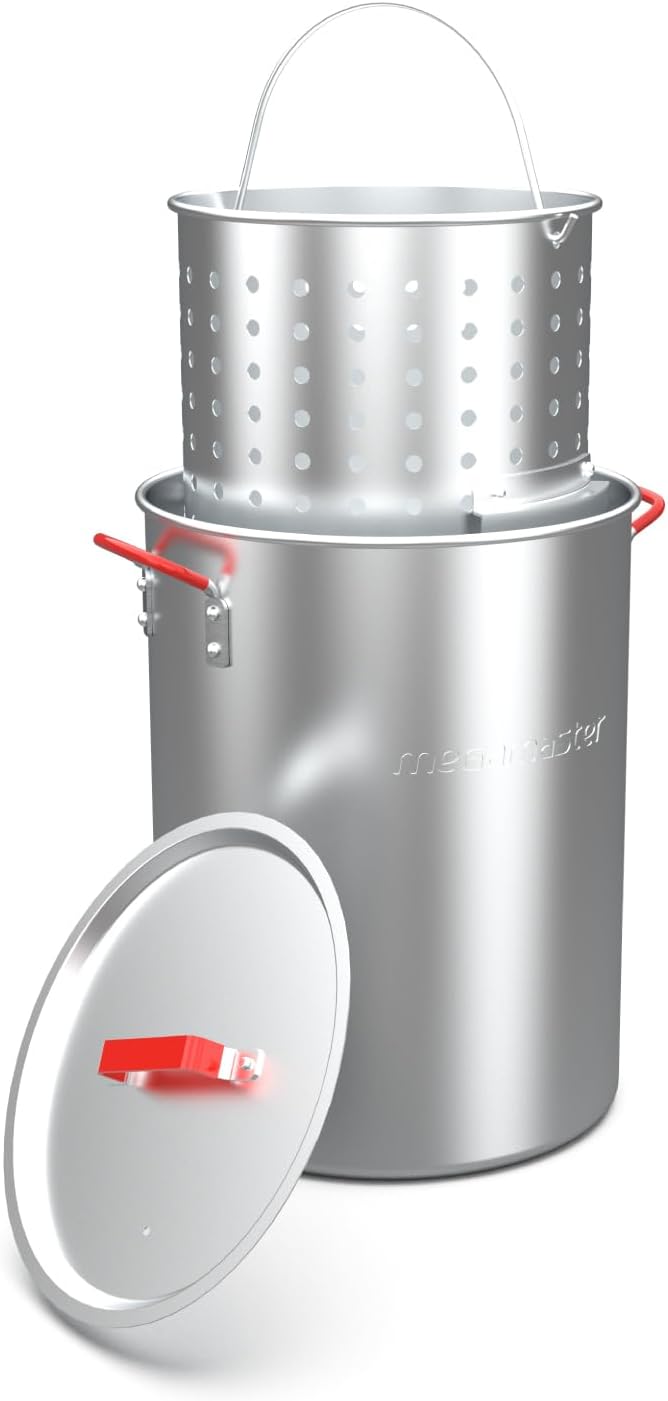 Megamaster Turkey Fryer Pot with Basket, 30 Qt Aluminum Seafood Boil Pot with Lid and Silicon Handles, Premium Turkey Deep Fryer for Outdoor Cooking - 630-13005