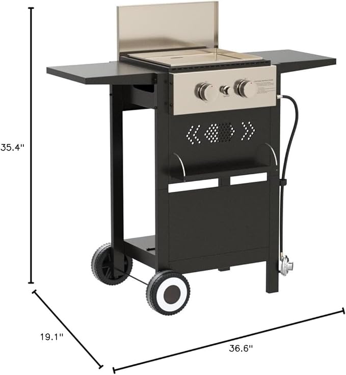 MFSTUDIO 2-Burner Propane Gas BBQ Grill with Cast Iron Griddle Pan, 20,000 BTU Output Small Barbecue Grill for Outdoor, Patio, Backyard and Balcony