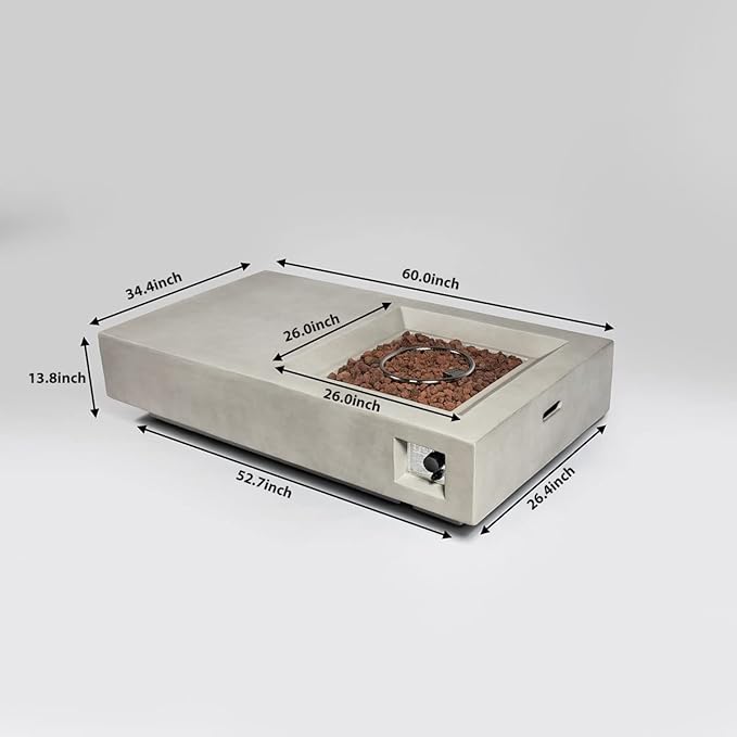 60" Firepit Table for Outside, 50,000 BTU Large Rectangular Concrete Outdoor Firepit Tables, Laval Rocks, Side Handles, Fits 20lb Tank Outside, Grey