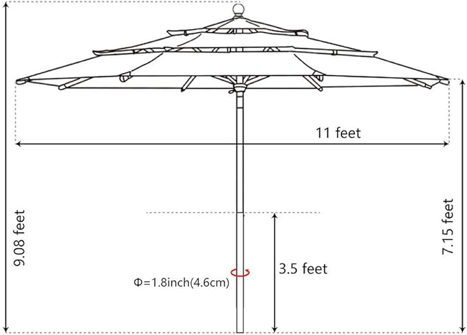 EliteShade USA 10-Year-Non-Fading 11Ft 3 Tiers Market Umbrella Patio Outdoor Cylinder Auto Push-up Table Umbrella with Ventilation, Navy Blue