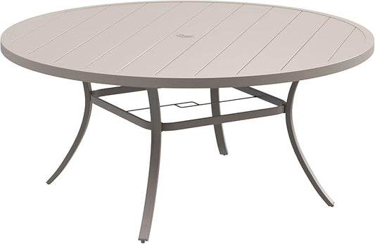 DIFY 60" Round Outdoor Patio Dining Table for 8-10, Metal Patio Table with 1.57" Adjustable Umbrella Hole, All-Weather Dining Furniture Table for Backyard Lawn Garden, Cream