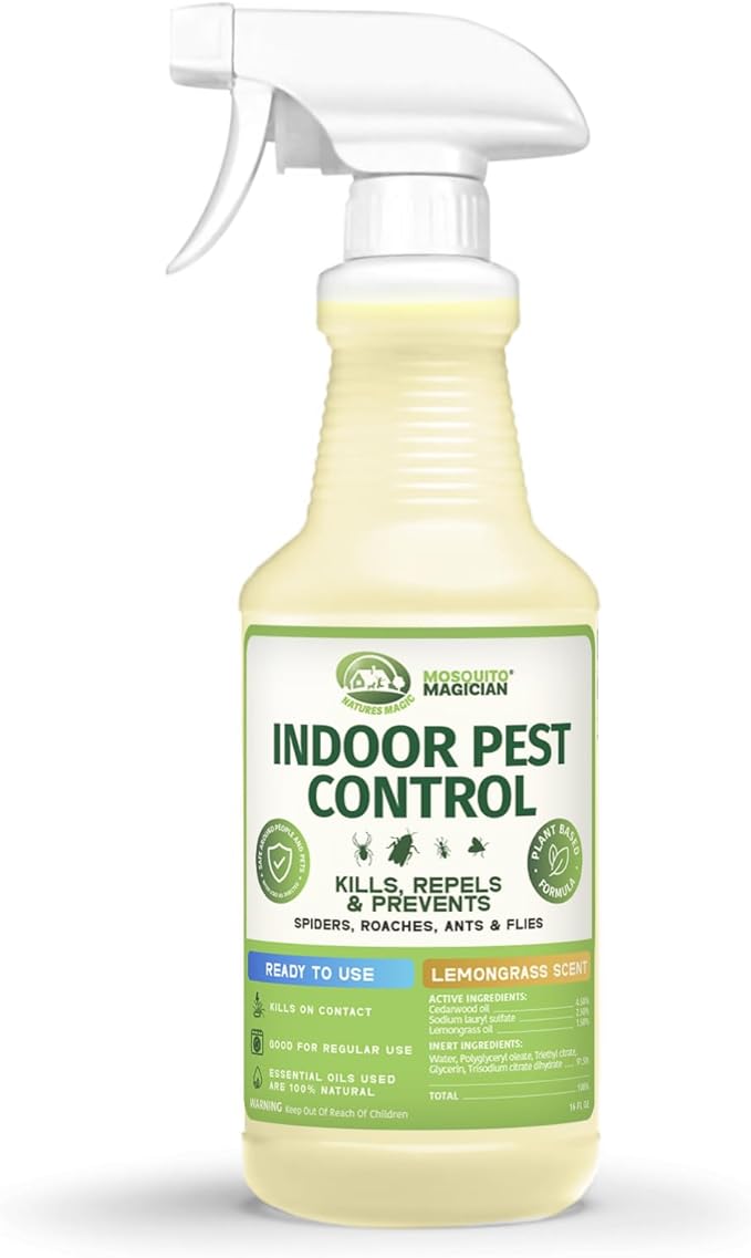 Mosquito Magician Indoor Pest Spray – Design for Indoor Use to Neutralize Spiders, Roaches, Ants & Flies with Plant-Sourced Essential Oils, Efficient Ready to Use Home Pest Spray – Lemongrass, 16 OZ