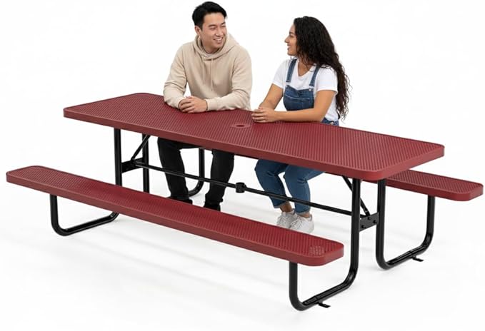 OUTTANS Commercial Heavy-Duty Metal Picnic Table - ADA Compliant, Adjustable Seats, Umbrella Hole (Red, 8' Rectangular, Punched Steel)