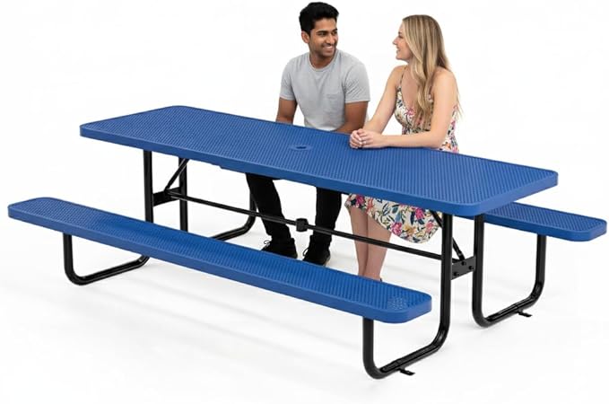 OUTTANS Commercial Heavy-Duty Metal Picnic Table - ADA Compliant, Adjustable Seats, Umbrella Hole (Blue, 8' Rectangular, Punched Steel)