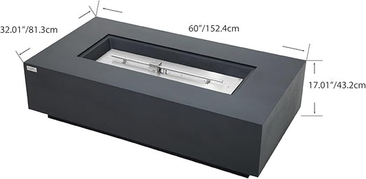 AMS Creations | Madison 60" Rectangular Natural Gas Outdoor Fire Pit Table | Dark Gray Concrete GFRC | Smooth Texture or Surface | Electronic Ignition | Outside Backyard Fireplace
