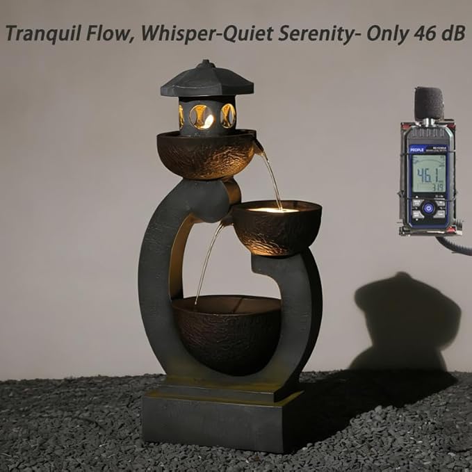 Tankana Water Fountain Outdoor Zen Feature - Garden Tranquil Pagoda Waterfalls Fountains Bowl with LED Lights & Pump for Patio Yard Porch Pool, Gray, 35.5 inches