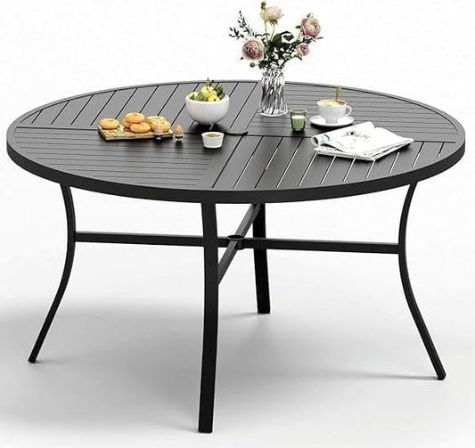 SUNSHINE VALLEY 54" Patio Dining Table for 6, Round Patio Table with Umbrella Hole,E-Coating and Powder Coating Steel Frame Metal Outdoor Patio Table for Garden Backyard Lawn Yard