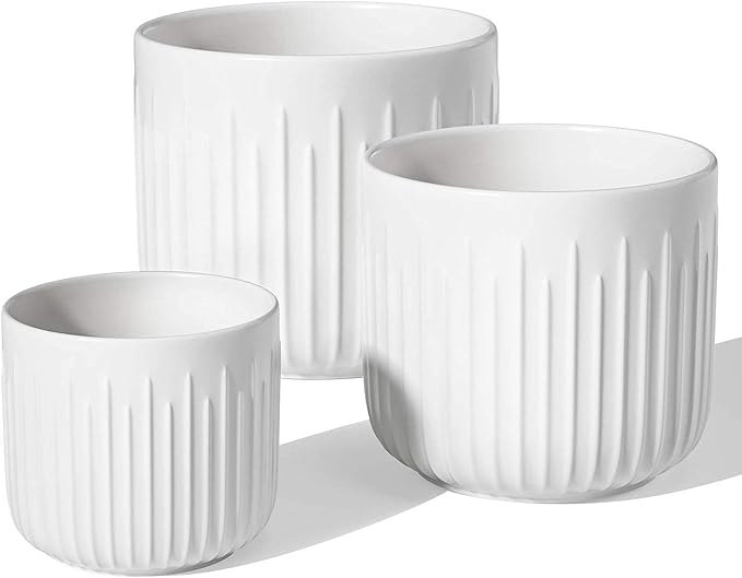LE TAUCI Fluted Ceramic Planters Set of 3 – 8.3/7 / 5.7 in White Cylinder Indoor Plant Pots with Drainage Plug & Mesh, Matte Glazed Stoneware Flower Pots for Succulent Herb Cactus