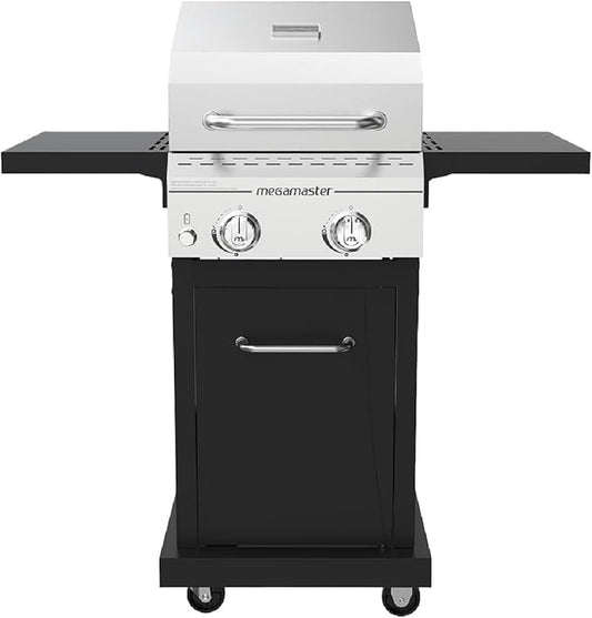 Megamaster Deluxe 2-Burner Gas Grill with Foldable Side Tables, 418 SQ In Cooking Space, 28000 BTUs, Stainless Steel Lid, Propane BBQ Grill for Outdoor Cooking, Patios, Backyards and More - 720-0864MA