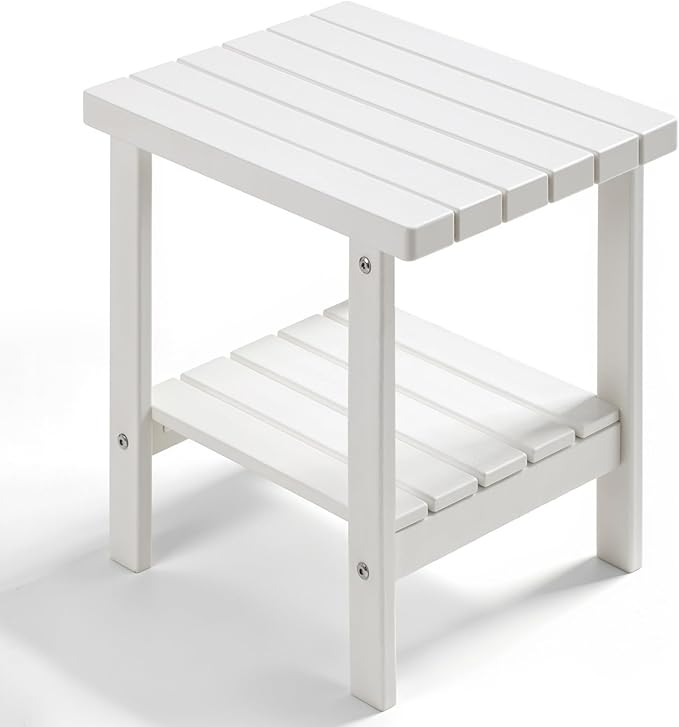 PASAMIC 2-Tier Adirondack Square Outdoor Side Table, HDPE Small Outdoor Table, Patio End Table for Patio, Pool, Backyard, Weather-Resistant (White)