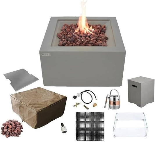 AMS Fireplace | Modeno Ridgefield Package | Light Gray Liquid Propane Gas Fire Pit Table for Outside Patio Bundle with Tank Cover, Wind Guard, SS Burner Lid | Free Ice Bucket & Rubber Mat