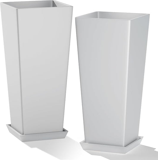 Set of 2 Tall Planters for Outdoor Plants with Drainage Tray, 24" Large Flower Pots for Front Porch Decor, Patio, Garden (White 24")
