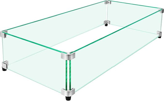 Fire Pit Wind Guard, 31.5" x 14.5" Square Tempered Glass Wind Shield for Firepit & Fire Table, Thick Glass and Easy Installation with Included Tools, Airflow Management for Stable Flame
