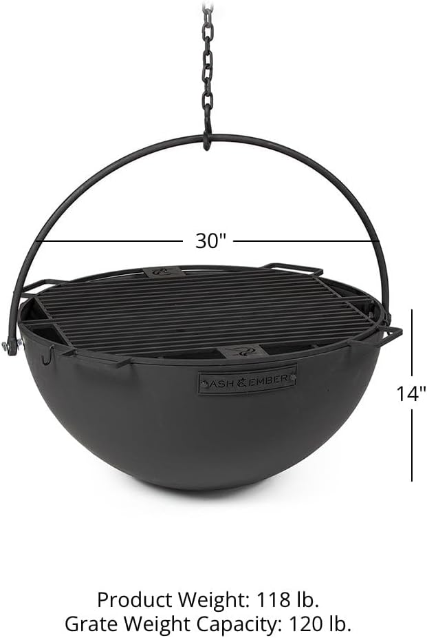 Ash & Ember 30" Cast Iron Cauldron Fire Pit Bowl with Double Hinged Grill Grate-Easy-Lift Handles & Handing Chain, Round Wood Burning Patio Fire Bowl for Backyard Patios