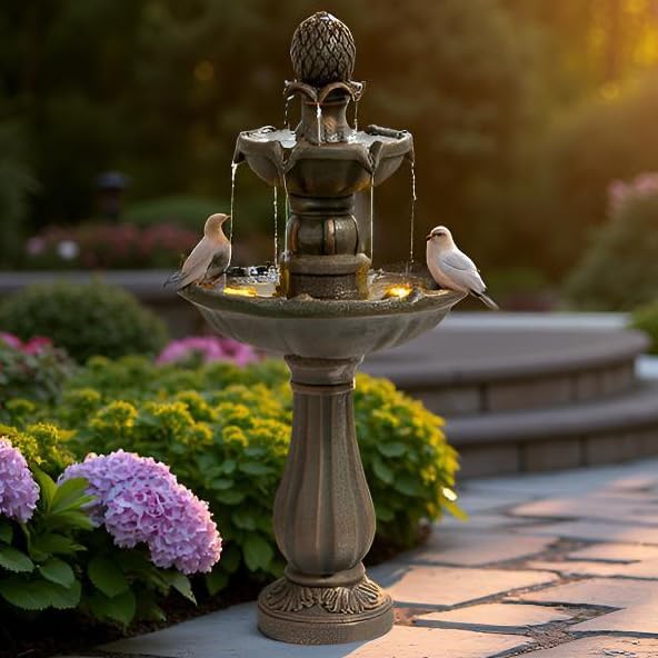 Warm Garden 3 Tiered Outdoor/Indoor Water Fountains –42.2 in. Tall, Like Stone Bird Bath for Outside, Elegant Waterfall Feature for Garden, Yard, Patio, Home Decor (Bronze Color)