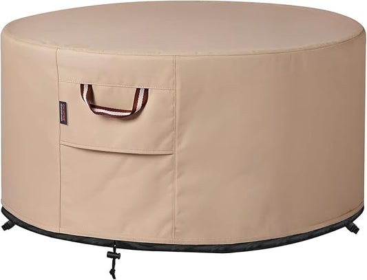 QH.HOME Fire Pit Cover Round-33-36 Inch Heavy Duty 900D Strong Tear-Resistant and UV Resistant and Waterproof and Fading Resistant Material Polyester Firepit Covers Round for Outdoor Fire Pit-Wheat