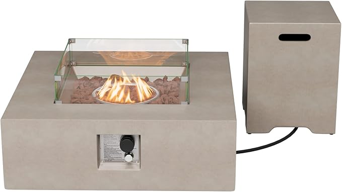 COSIEST 35-inch Square Outdoor Sandstone Propane Fire Pit w Wind Guard and Side Table, Certified, 50,000 BTU Stainless Steel Burner, Free Lava Rocks and Rain Cover, Metal Lid(Gray)