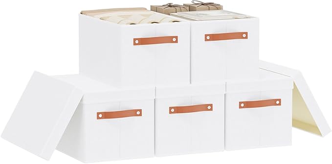 Storage Boxes with Lids, 15 x 9.8 x 8.3 Inch Storage Baskets for Shelves, Decorative Closet Organizers with Handles, White, 5-Pack