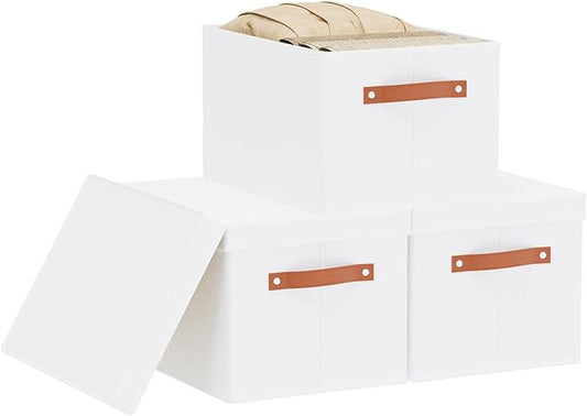 3 Pack Storage Boxes with Lids, Storage Baskets for Shelves, Decorative Linen Closet Organizers with Handles, White, 16.5 x 11.8 x 10.2 Inch
