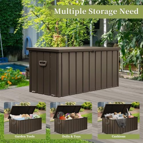 JOSHEN 200 Gallon Outdoor Storage Deck Box with Lockable and Mobile Roller, Large Steel Container Bin with Waterproof and UV Resistant for Garden, Patio, Dark Brown