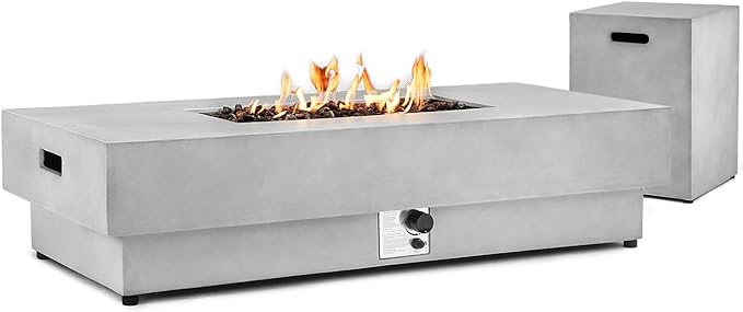 60inch Rectangle Fire Pit Table with Propane Tank Cover, 2-Piece Concrete Fire Table Outdoor 50,000 BTU Large Gas Firepits for Outside Patio with Steel Lid, Lava Rock, Rain Cover