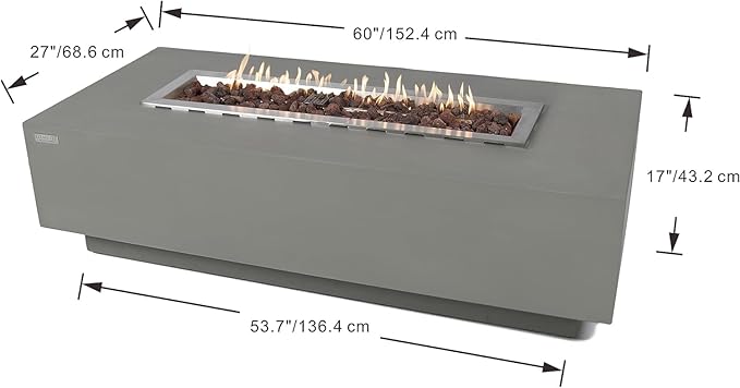 Elementi Granville Gas Fire Pit Cast Concrete Fire Table, Outdoor Fire Pit Electronic Ignition | Canvas Cover, Lava Rock Included | Free AMS Wind Guard | Light Gray (Propane Gas)