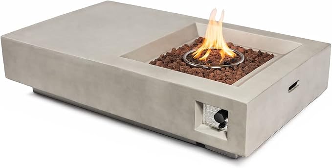 60" Firepit Table for Outside, 50,000 BTU Large Rectangular Concrete Outdoor Firepit Tables, Laval Rocks, Side Handles, Fits 20lb Tank Outside, Grey
