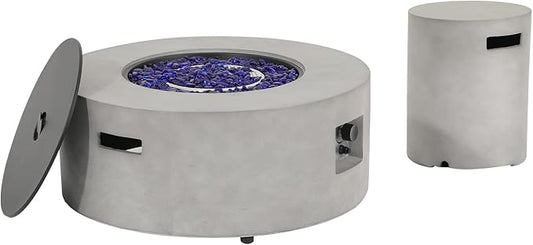 SUNSITT Outdoor 36’’ Propane Fire Pit with Tank Table 50,000 BTU Round Patio Propane Firepit Table with Tank Holder, Pit Cover, Metal Lid & Fire Glass, Grey Finish